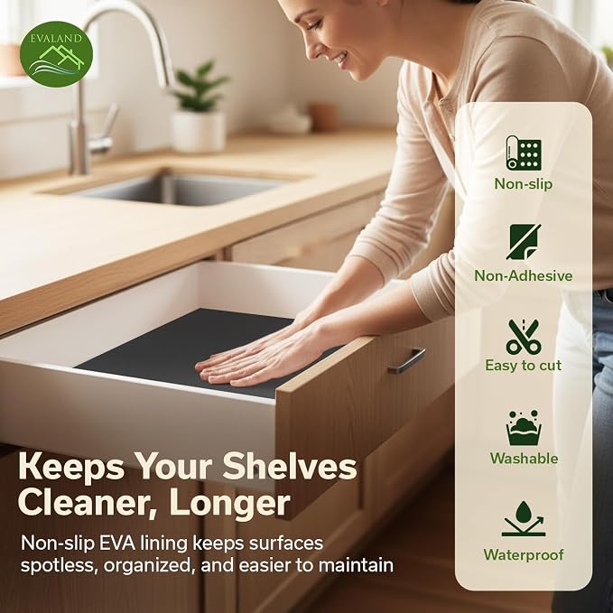 EVALAND Shelf Liner Cabinet Liner Non-Adhesive Drawer Liner 17.7 in x 33 FT | Non-Slip, Washable, Waterproof, Fridge Liners, Contact Paper, Shelf Liners for Cabinets, Kitchen, Refrigerator, Black - Image 3