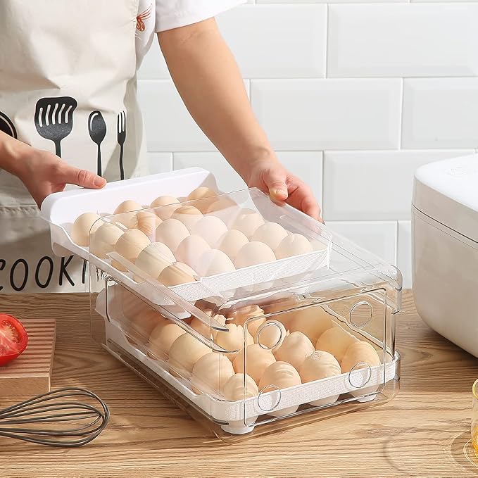HOMQUEN Egg Holder, Clear Plastic - 2 Layer/40 Grid Egg Tray & Fresh Storage Box for Fridge - Image 3