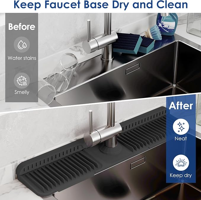24-Inch Silicone Faucet Mat for Kitchen Sink Splash Guard, 7° Slope | 24"x5.5" water draining mat with fasten button; 1.6-2.75" customizable hole for bathroom, RV & kitchen sink drip catcher. - Image 6