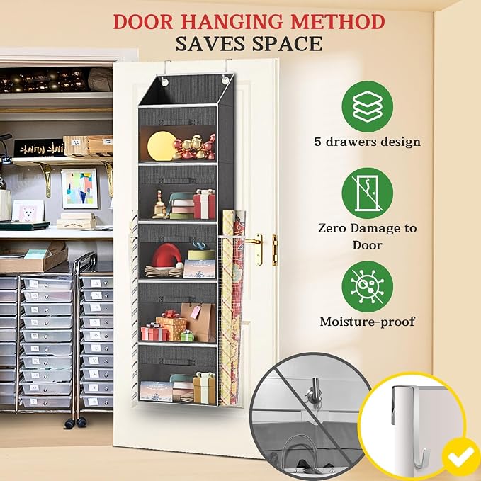 Over Door Wrapping Paper Organizer Storage with 5 Removable Drawers & 2 Large Side Pockets for Gift Wrap Rolls Wrap Storage for Ribbons, Bows, Ornaments and Tools - Image 4