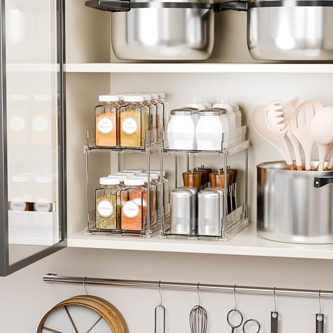 4 Pack 2 Tier Vertical Spice Rack Pull Out,10.4'' Deep Narrow Slide Out Spice Rack Organizer for Inside Cabinets,Kitchen,Pantry,Cupboard Seasoning,Can,Jar Organizer and Medicine Cabinet Storage - Image 6