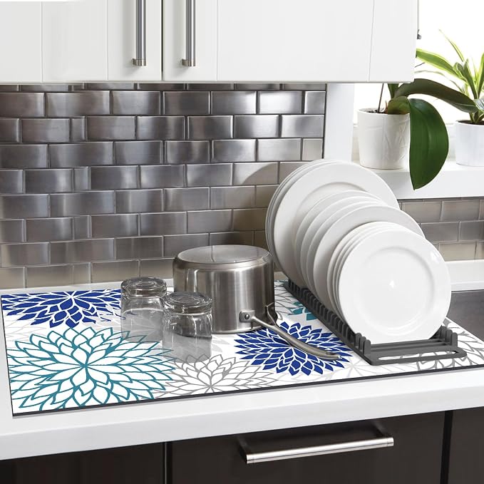 Findosom 2PCS 17" x 32" Dish Drying Mat & 24" x 5.5" Sink Splash Guard, Super Absorbent & Cuttable Dish Mat Drying Kitchen Mat with Blue Floral, Hide Stain Drying Mat for Kitchen Counter - Image 9