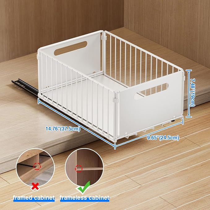 Mustorn 2 Pack Pull Out Cabinet Organizer, Slide Out Drawers for Cabinets, Peel and Stick, Heavy Duty Shelves for Kitchen, Cupboard, Pantry, Bathroom (14.76" D*9.65" W*7.87" H-White) - Image 2