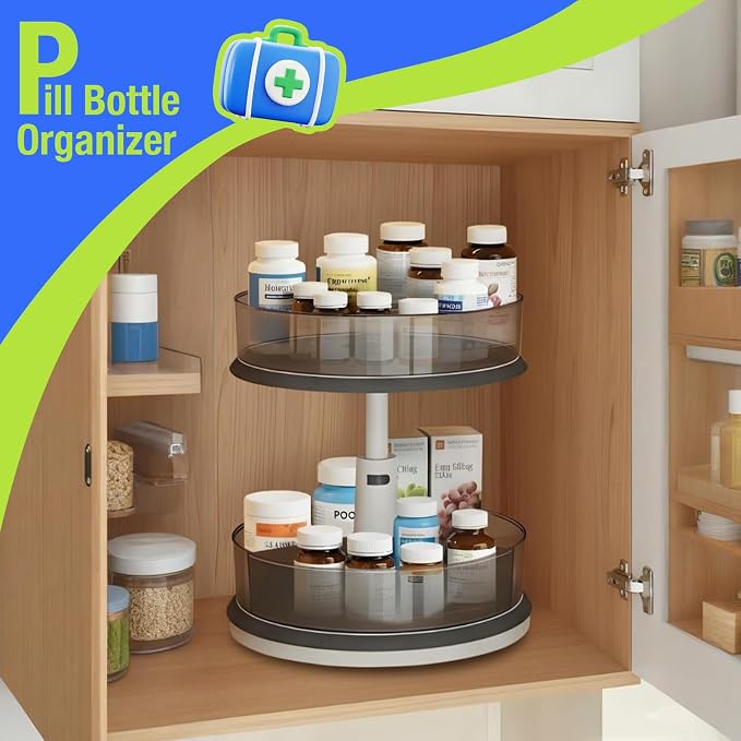 Lazy Susan Organizer for Medicine 2 Tier Pill Bottle Turntable | Clear Grey, 11 Inch, for Vitamin, for Cabinet, for Pantry, with Large Spice Rack - Image 5