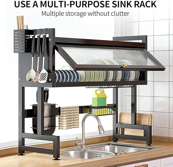 Verida Over the Sink Dish Drying Rack 3 Tier, Over Sink Dish Drain Drying Rack for Kitchen Storage of Dishes and Cutlery, Space Saving Dish Rack with Cover, Black - Image 2