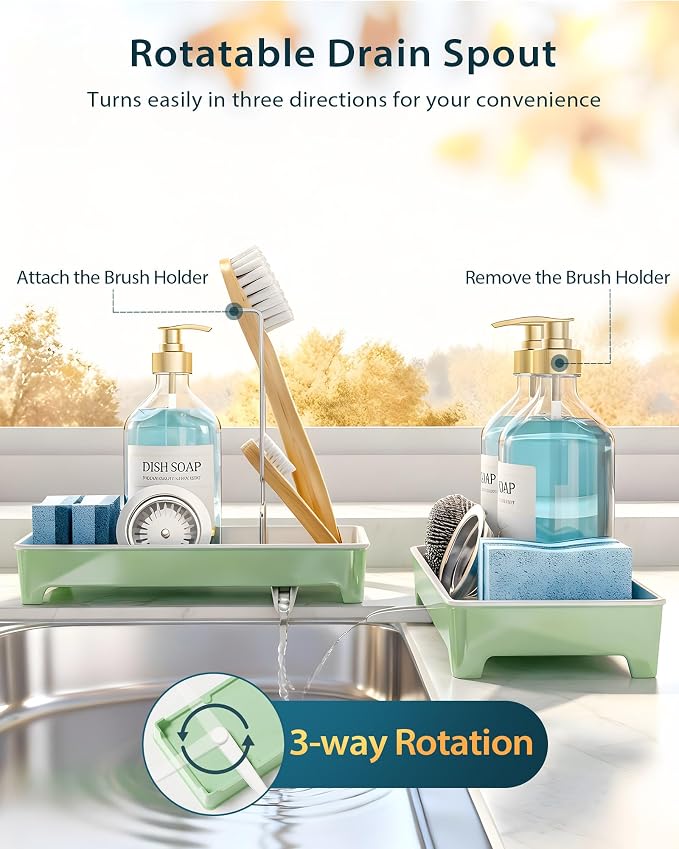 Minimalist Sink Caddy, Rustproof Sponge Holder for Kitchen Sink Green | Large Rustproof countertop organizer with 304 stainless steel brush holder, raised ridges and silicone drain tube - Image 5