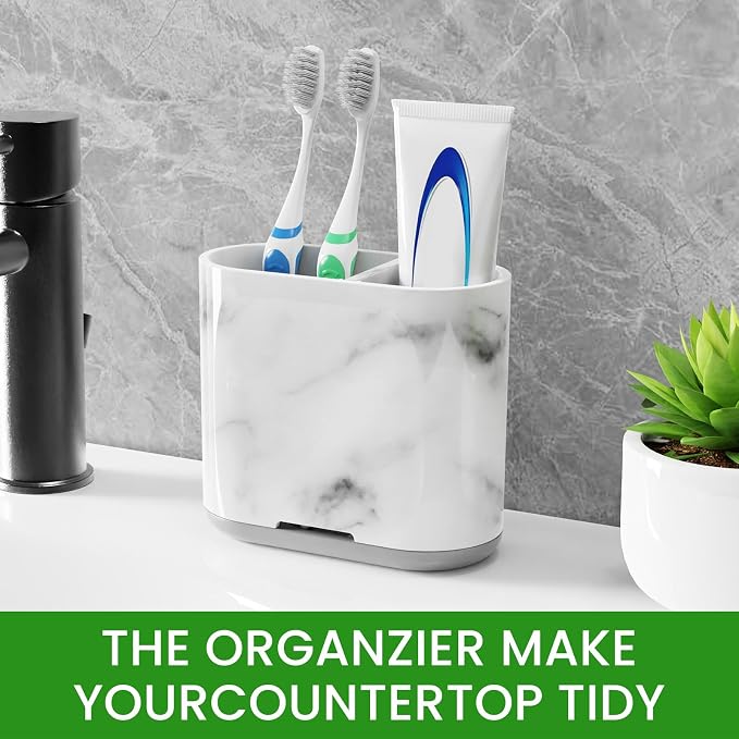 Toothbrush Holders for Bathrooms, Marble, Small, Bathroom Accessories | 2 Slots, Easy to Clean, Plastic, Kids Electric Toothbrush, Drainage, Removable, For Bathroom, Vanity, Kitchen Sink, Office - Image 5