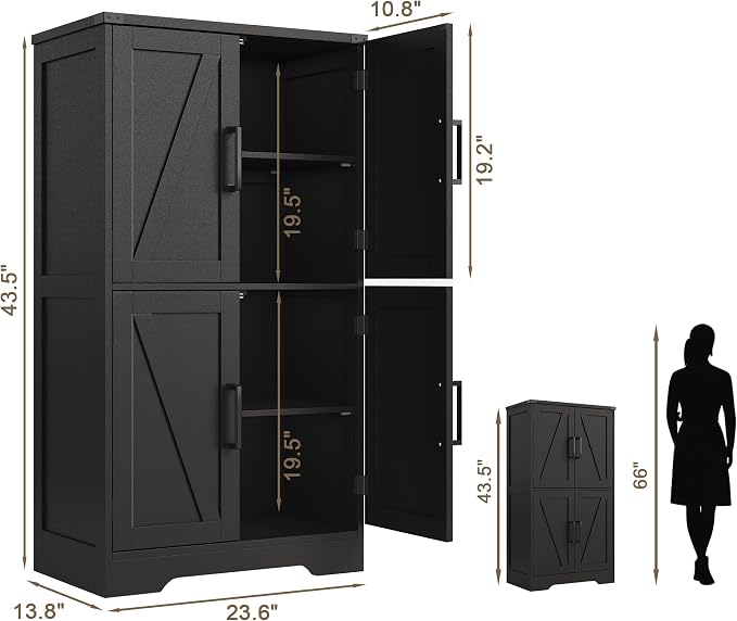 Treocho Farmhouse Bathroom Floor Cabinet with Adjustable Shelves | 13.78"D x 23.62"W x 43.46"H, Freestanding Kitchen Pantry Cabinet, Cupboard for Living Room, Dining Room, Black - Image 2