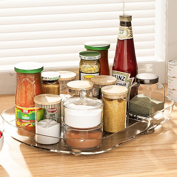 Voova 360 Degree Refrigerator Lazy Susan Turntable, 1 Pack | Rectangular pull-out rotating organizer with suction cups for easy access in fridges, cabinets, pantries and countertops - Image 2
