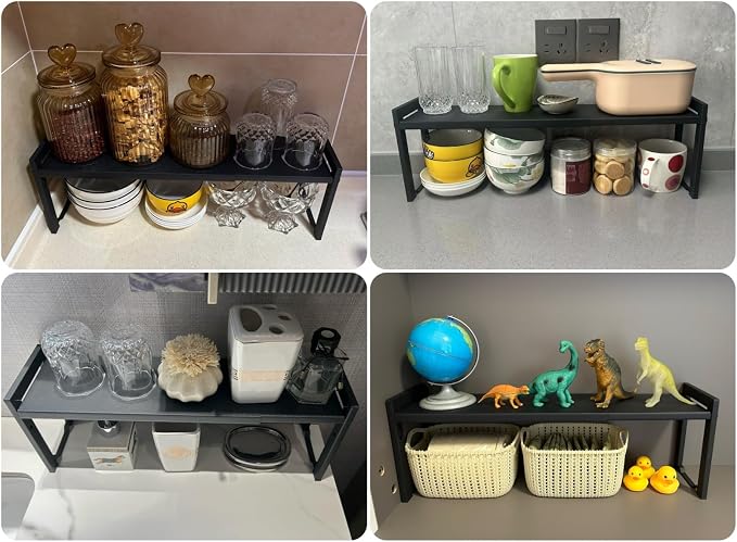 2 Pack Expandable Cabinet Shelf Organizer 16-26" L Stackable Kitchen Counter Shelves Rack Stand Sink Riser Countertop Storage Black (Narrow 5.1”D) - Image 6
