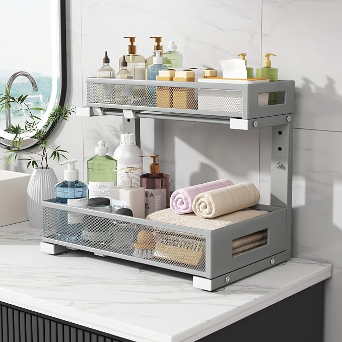 2-Pack Under Sink Storage Organizer, Large 2-Tier Elegant Mesh Pull Out Shelf for Kitchen and Bathroom Cabinet Organization, L-Shaped and Adjustable Height Design-Gun Gray - Image 7