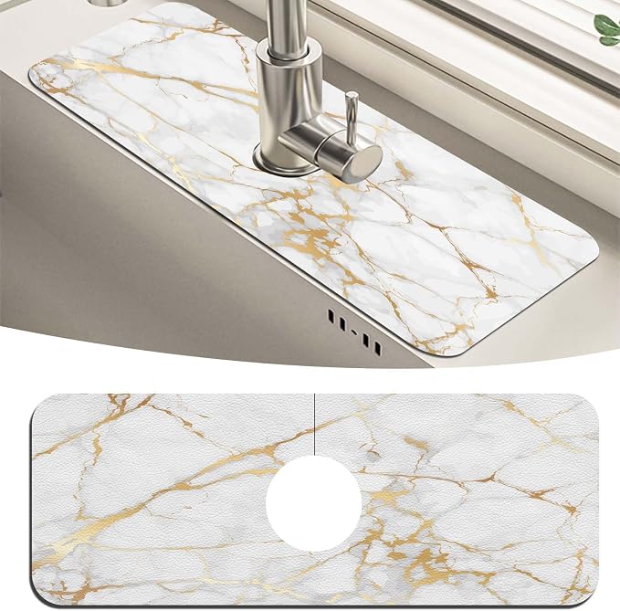 MCALK Marble White Kitchen Sink Faucet Mat Splash Guard, Absorbent Quick-Dry Kitchen Sink Mat - Ideal for Splash Guard & Drip Catching with Modern Art Decor( 1pc 15"x5.5") by MCALK