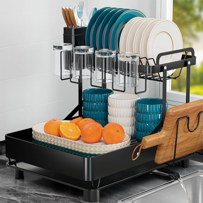 Dish Drying Rack for Kitchen Counter, Stainless Steel 2 Tier Dish Rack w Drainboard, Foldable 360° Rotatable & Expandable Drainer, Space-Saving Dish Strainers for Kitchenware by Unknown