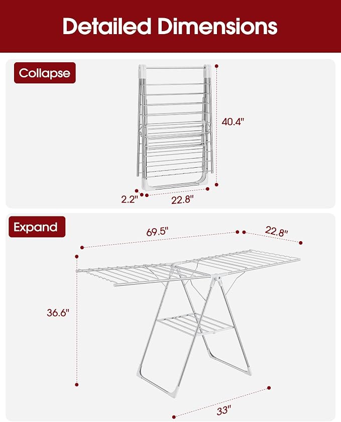 Sakugi Clothes Drying Rack, 69.5" Adjustable Wings, Foldable Design | Laundry Room, Bedroom, Outdoor & Indoor Use, Height Adjustable, Collapsible, Silver White, 69.5" L × 22.8" W - Image 3
