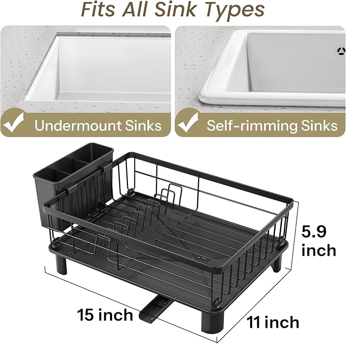 SNTD Dish Drying Rack for Small Kitchen Counter, 11" W x 15" L, Black | Space Saving, Rotating Spout & Angled Drainboard for Quick Drainage, Stainless Steel, Removable Utensil Holder - Image 2