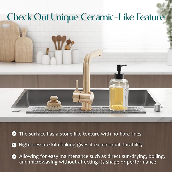 Stone Kitchen Sink Faucet Mat, Premium Upgraded Food Grade Diatomite Drying Stone Tray & Splash Guard, Fast Drying Sink Protector for Kitchen Counter, Dishwasher Safe (23.6" x 3.9") - Image 7