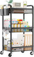 3 Tier Metal Rolling Cart, Black Utility Storage Cart with Wheels | Metal Mesh Craft Cart With Hooks & Hanging Cups, Ideal For Kitchen, Bathroom, Office, Dorm, Art Workspace, Bedside Storage by YASONIC