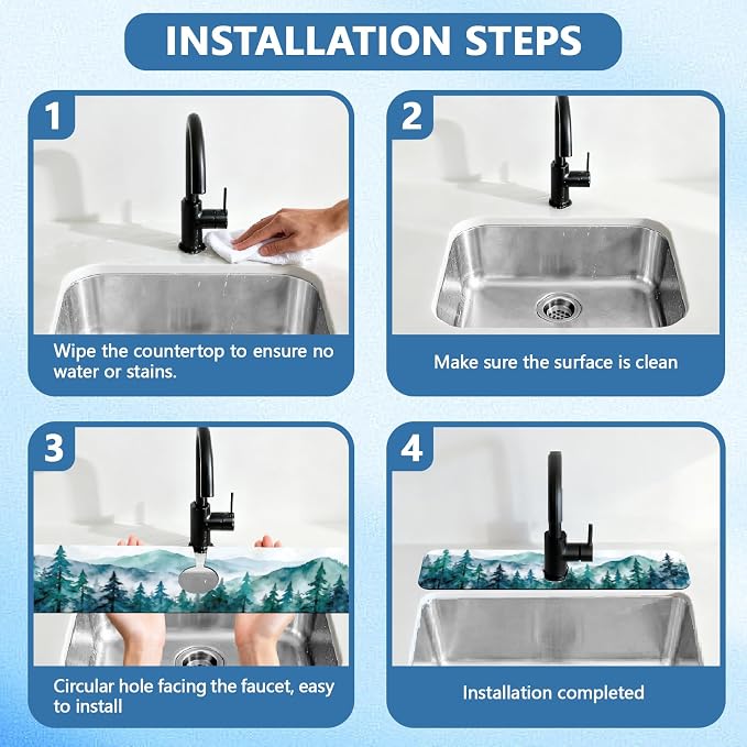 2 Pcs Kitchen Sink Splash Guard Faucet Mat Watercolor Forest Pattern Faucet Mat for Sinks Absorbing Drying Mat for Kitchen Bathroom, 23.6x5.5inch - Image 4