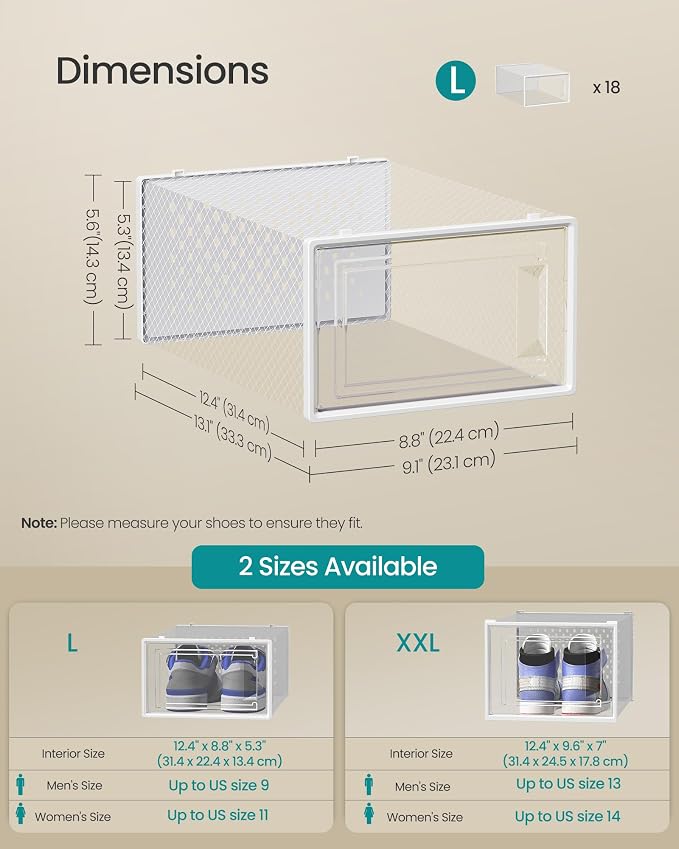 SONGMICS Shoe Boxes, Pack of 18 Shoe Storage Organizers, Stackable Clear Plastic Boxes for Closet, Sneakers, 13.1 x 9.1 x 5.6 Inches, Transparent and White ULSP18SWT - Image 5