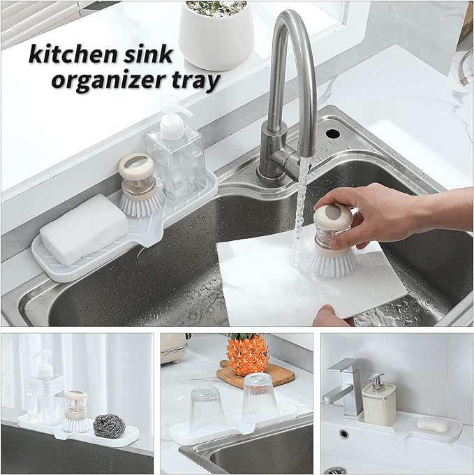 MicoYang Silicone Soap Dish with Drain Spout — Self-Draining Double Sink Organizer Tray for Kitchen & Bathroom, Dispensers, Sponges & Soap Holder, Non-Slip & Dishwasher Safe, White (Large, 12"×4") - Image 4