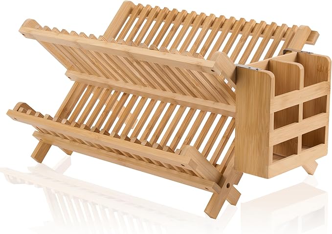 NOVAYEAH Bamboo Dish Drying Rack-2 Tier, Collapsible Small Dish Rack with Utensil Holder, Wooden Drying Rack for Kitchen Counter, Apartment Essentials Kitchen Plate Holder Organization 34 pcs Grid | 2-Tier Collapsible Large Dish Drying Rack Folding Dry... by NOVAYEAH