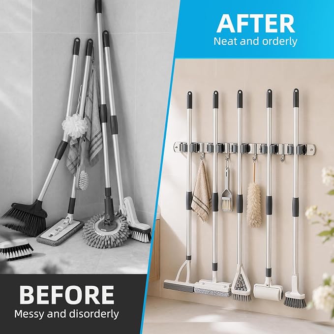 Foensc 5 Racks and 4 Hooks Mop and Broom Holder Wall Mount, Improved Non-Slip Broom Hanger Wall Mount, Self Adhesive Broom Organizer Storage Tool Racks for Home Kitchen Garden Laundry Garage - Image 6