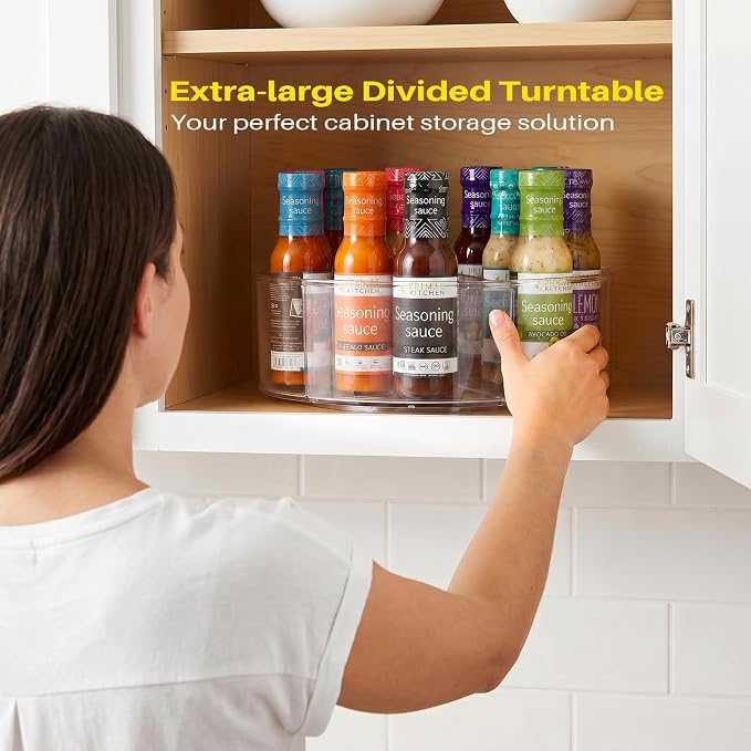 Divided Lazy Susan Turntable Organizer, 11.5" Clear Round Lazy Susan | Rotating Turntable Organizer, Plastic Lazy Susan Turntable, Rotating Storage Container Tray for Pantry, Fridge and Kitchen - Image 4