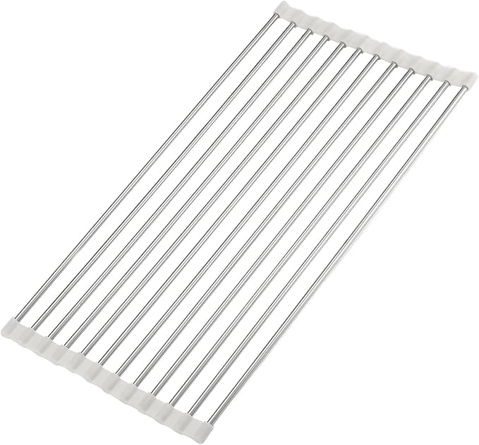 Roll Up Dish Drying Rack, Over Sink Multipurpose Rack, 17.6" x 9.3" Stainless Steel Foldable Dish Drainer, White - Image 2