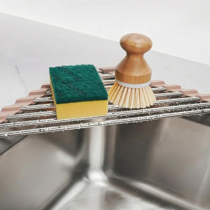 Tomorotec Triangle Roll Up Dish Drying Rack 304 Stainless Steel Beige | BPA-Free Food-Grade Silicone Edges Foldable Waterproof Rustproof Heavy-Duty Space Saver Heat Resistant to 550°F - Image 3
