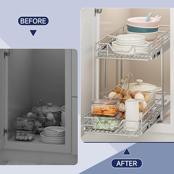 2-Tier Pull Out Cabinet Organizer, 12.5" W x 21.5" D, Heavy Duty Dual Slide Out Shelves for Narrow Base Cabinets, Chrome Wire Basket Drawer for Spices, Bottles & Snacks - Image 7