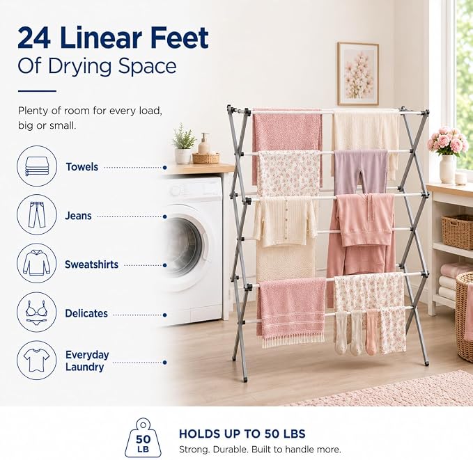 Honey-Can-Do Oversized Clothes Drying Rack, 35" Wide, 50 lb, Grey | Extra-wide 35" family-size rack holds 50lb of laundry. Rust-resistant steel folds flat; indoor or outdoor use. No Assembly - Image 3