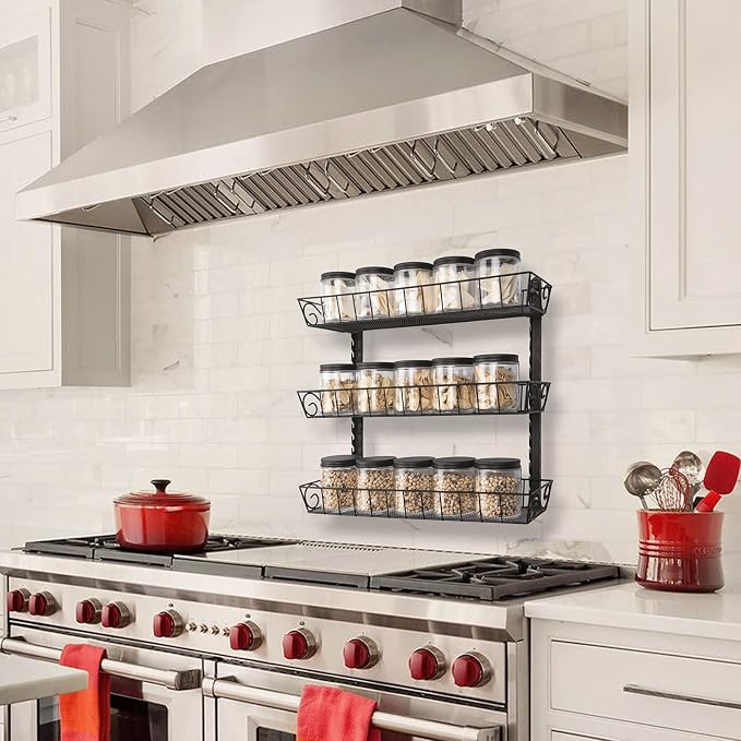 SWOMMOLY Wall Mount Spice Rack Organizer, 3-Tier Adjustable Dual-Use Shelf | Hanging Spice Rack Organizer, Kitchen Pantry Cabinet Storage Holder for Spices, Mason Jars, Bottles & Cans, Black - Image 5