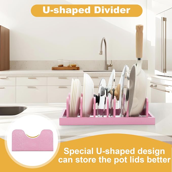 MinBoo Bamboo Pot Lid Organizer Pot Lid Holder, Pot and Pan Organizer Drawer Organizer for Pot Lids, Pans, Dinner Plates, Reusable Containers in Cabinet Storage,Pink - Image 2