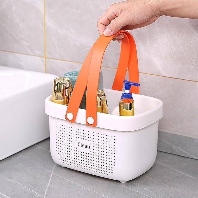 Portable Shower Caddy Basket with Handle Plastic Storage Basket Small White | Sturdy Drainage Large Capacity Organizer Basket with Silicone Handles for Bathroom Kitchen Bedroom College Dorm Essentials - Image 3