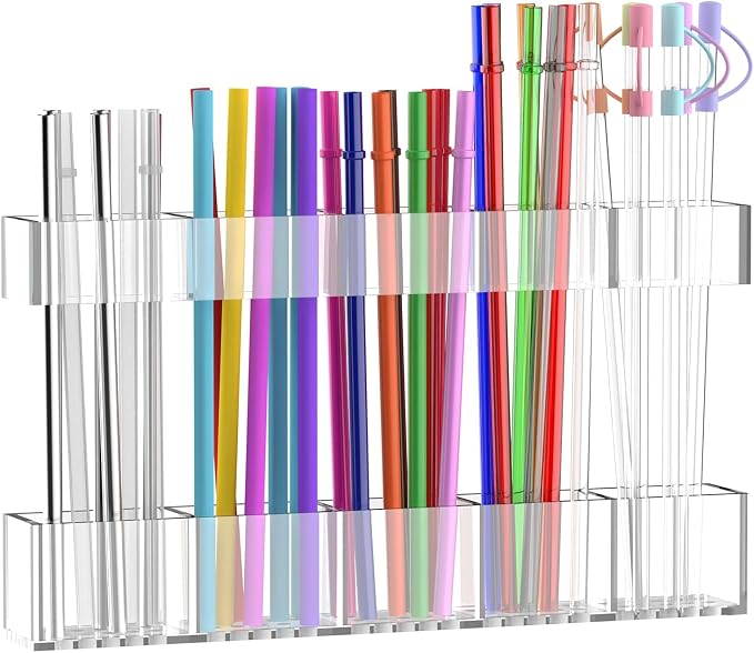 9.5” Large Acrylic Straw Holder for Cabinet Door, Adjustable Two-Part | Reusable Straws Organizer with Ultra Sticky Adhesive Strips, 2026 Straw Storage for Kitchen Cupboard (Transparent) by Rycid
