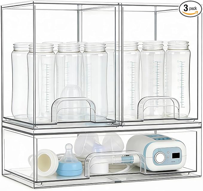 Baby Bottle Organizer, 3-Tier Stackable Acrylic Storage Drawers | Large Capacity Countertop Organizer for Baby Bottles, Pump Parts, Kitchen, Pantry, Bathroom, Undersink, Cabinet & Vanity by Gajiuhon