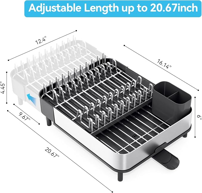Urackify Stainless Steel Dish Drying Rack for Kitchen Counter,Black | Extends to 20.67'',Expandable & Foldable,Rust-Resistant,Rotatable Drain Pipe & Utensil Holder,Dish Drainer For 2-4 People - Image 6