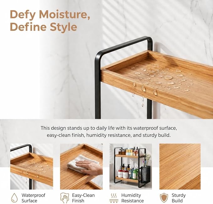 2-Tier Wood Bathroom Counter Organizer with Basket,Waterproof Vanity Perfume Skincare Storage for Bathroom, Kitchen, Dresser - Image 4