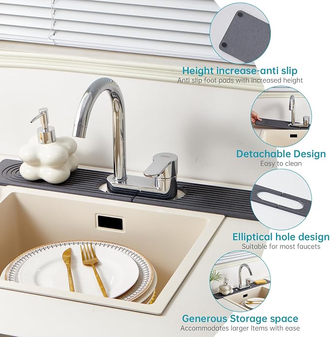 Stone Faucet Mat for Kitchen Sink Oval Hole Bathroom sink splash guard | Water-Absorbing Diatomite Stone Drying Mat & Sink Protectors Absorbent Stone Tray for Bathroom Counter, Oval Hole 6.5" x 2.5" - Image 4