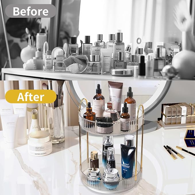 Asayuee 360 Rotating Makeup Organizer,2 Tier Large Capacity Make Up Organizers and Storage,Skincare Perfume Vanity Organizers,Bathroom Cosmetics Storage Organizer Countertop(Clear-2 Tier) - Image 5