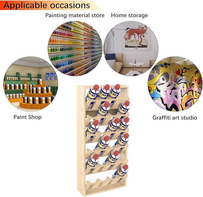 24 Can Spray Paint or Lube Can Holder Aerosol Can Rack 14.2"L x 5"W x30"H | 6-Tier Wooden Spray Paint Can Storage Rack Wall Mount Aerosol Spray Can Organizer for Garage Craft Workroom - Image 5