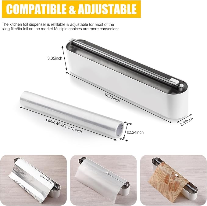 Aluminum Foil & Plastic Wrap Dispenser with Slide Cutter - Magnetic & No-Drill Wall Mount, Cling Film Dispenser for Worktops & Cabinets, Space-Saving Kitchen Organizer - Fits 12" Rolls, Black - Image 4