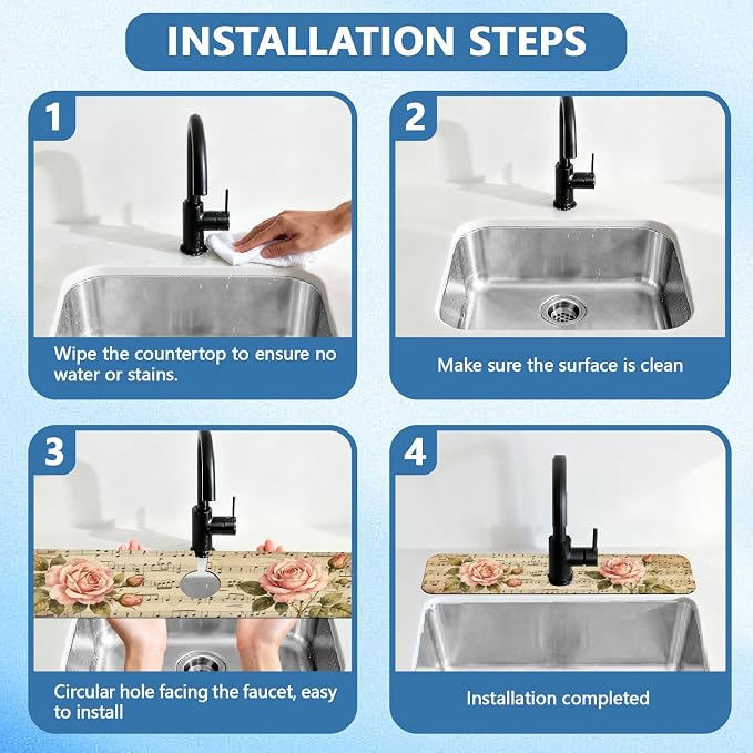 2 Pcs Kitchen Sink Splash Guard Faucet Mat Retro Sheet Music Flowers Pattern Faucet Mat for Sinks Flower Absorbing Drying Mats for Kitchen Bathroom - Image 4