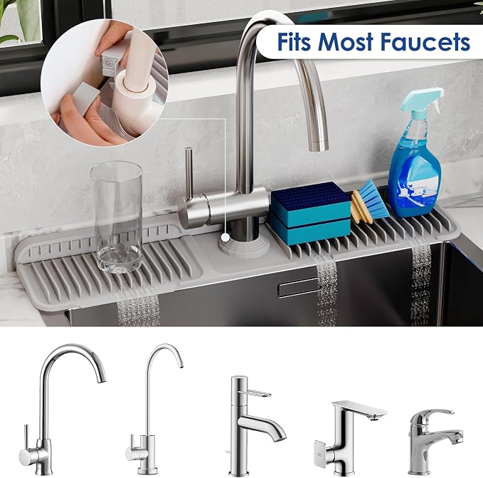24-Inch Silicone Faucet Mat for Kitchen Sink Splash Guard, 7° Slope | 24"x5.5" water draining mat with fasten button; 1.6-2.75" customizable hole for bathroom, RV & kitchen sink drip catcher. - Image 4
