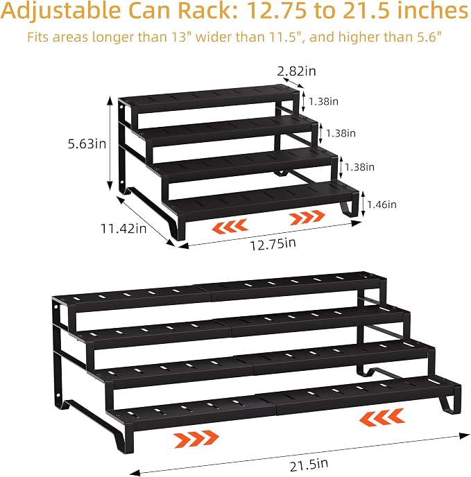 Expandable Can Organizer for Pantry, 4 Tier Metal Canned Food Storage 2Pack | 13"-21" Adjustable Length, Tiered Reversible Shelf Design, Large-Capacity Storage for Kitchen Cabinets & Countertops - Image 3