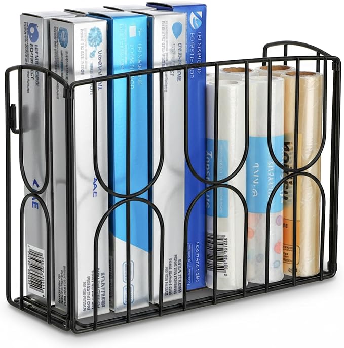 Kitchen Wrap Organizer Rack Wall Mount, Cabinet Door Storage Basket, Sturdy Metal Aluminum Foil Holder for Sandwich Bag, Wax Paper, Plastic Wrap, Food Bag, Cutting Boards, Black by DEAYOU