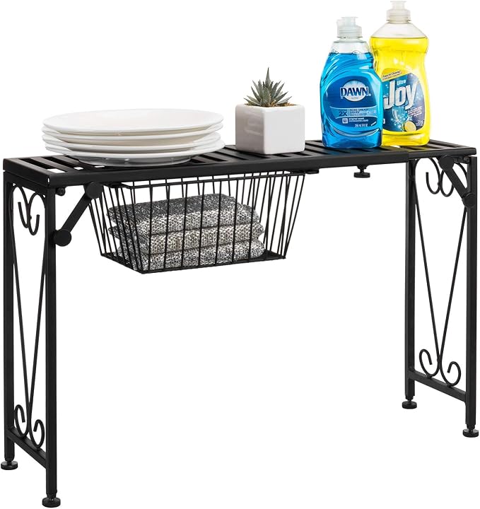 MyGift Expandable Black Metal Over Sink Shelf with Pull Out Drawer | Kitchen & Bathroom Organization, Countertop Space Saver, Adjustable Design, Hidden Drawer, Decorative Scrollwork Accent by MyGiftHome