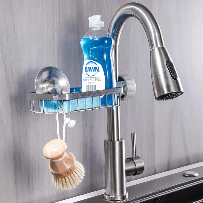 LONIN Sponge Holder Over Faucet Kitchen Sink Caddy Organizer, Stainless Steel Sink Rack for Sponge, Brush and Soap, Quick Drain Hanging Faucet Holder - Image 3