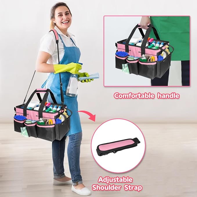 Cleaning Caddy Tote with Removable Dividers - 17.8x12.2x9.3in Waterproof Tool Organizer Bag with Handles & Adjustable Shoulder Strap for Housekeepers, Cleaners & Car Detailing Supplies (Pink) - Image 5