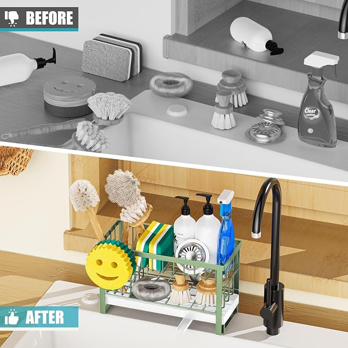 Sponge Holder for Kitchen Sink with Flexible Smiley Face, 2 Tier Kitchen Sink Organizer, Countertop and Storage Essentials, Soap Dispenser Organizer, Home Decor Accessories - Green - Image 6